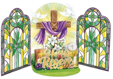 D4DREAM Pop Up Religious Easter Card - He Is Risen Christian Easter Card Church Stained Glass & Cross Scene, for Church Decor Spiritual Gift (6”x8”)
