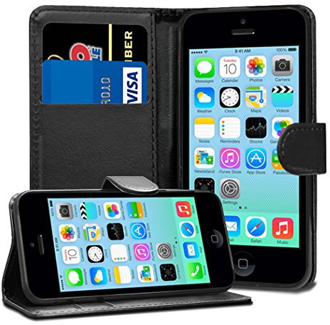 TypeandColor® iPhone 5C Black Leather Flip Wallet Slim Case Cover Pouch With Card Holder For Apple iPhone 5C and Screen Protector With Polishing Cloth And Stylus Pen (Black)