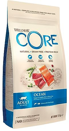 Wellness CORE Ocean, Lachs & Thunfisch, 1,75 kg, Katzenfutter trocken für ausgewachsene Katzen, ohne Zuckerzusatz, getreidefei, mit hohem Fleischanteil, fördert ein glänzendes Fell