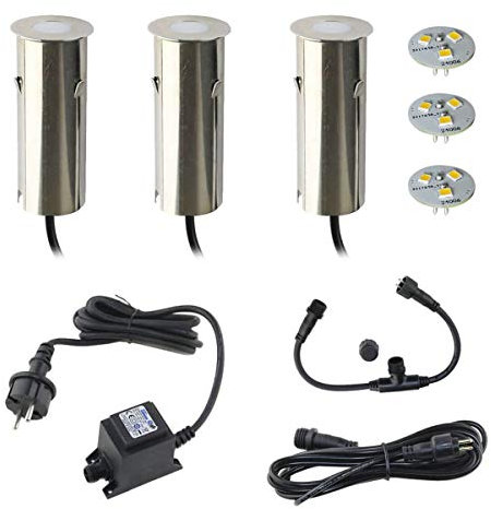LED Mini Bodeneinbauleuchte Celino 3-KIT / 12V inkl. Leuchtmittel (Leuchtmittel wechselbar), Trafo und T-Konnektoren/Edelstahl Gehäuse