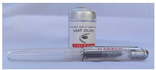 J Herbin Transparent roller ball pen and tin of 6 Green, Vert Olive ink cartridge refills