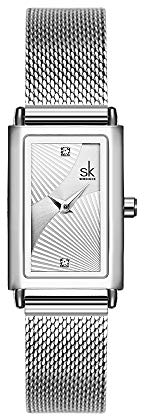 SHENGKE Damenuhr, rechteckiges Gehäuse, Quarzuhr mit Milanaise-Mesh-Band, Business-Casual-Klasse-Armbanduhr, K0119-Silber, Quarzuhr