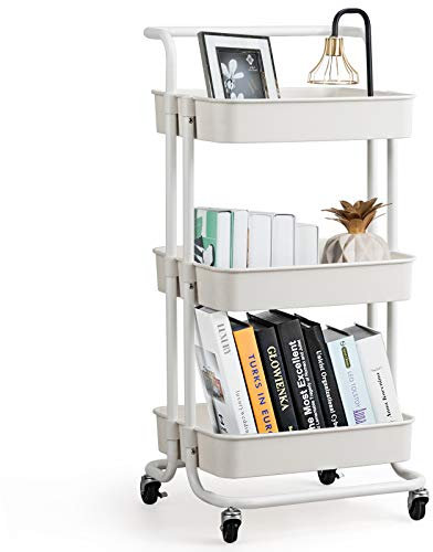 GOPLUS Chariot de Rangement avec 3 Paniers Ciselés, Présente 4 roulettes Universelles 2 avec Frein, 20KG de Support de Poids par Panier, pour Lavabo, Cuisine, Taille 42 x 35 x 87CM (Blanc)
