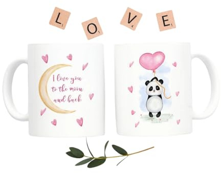 Bedruckte Tasse mit Panda Bär und Spruch I love you to the moon and back