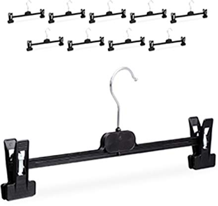 Relaxdays 10 x Hosenbügel Kunststoff, Klemmbügel verstellbar, drehbarer Metallhaken, Rockbügel, HxBxT: 14 x 36 x 3 cm, schwarz