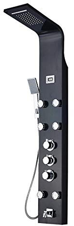 Huin Robinet de douche thermostatique de salle de bain panneau de douche colonne mitigeur de baignoire avec douche à main avec étagère 5 fonctions-Noir