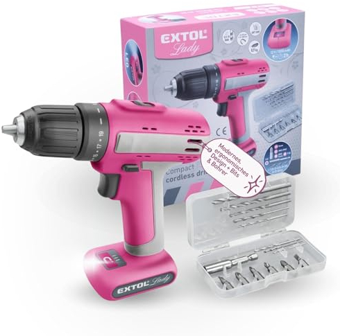 Extol Lady Akkubohrschrauber für Frauen I 12 Volt Akkuschrauber für Frauen I Bohrmaschine für Holz, Metall & Kunststoff I Akku-Bohrer mit 13er Set Bits & Bohrer I Werkzeug-Set Pink