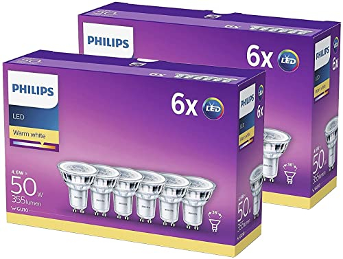 Philips Ampoules LED classiques, verre, [Spot GU10], 4,6 W (équivalent 50 W), blanc chaud 2 700 K, non dimmable, halogène de remplacement, 2 x paquet de 6 (12 au total)