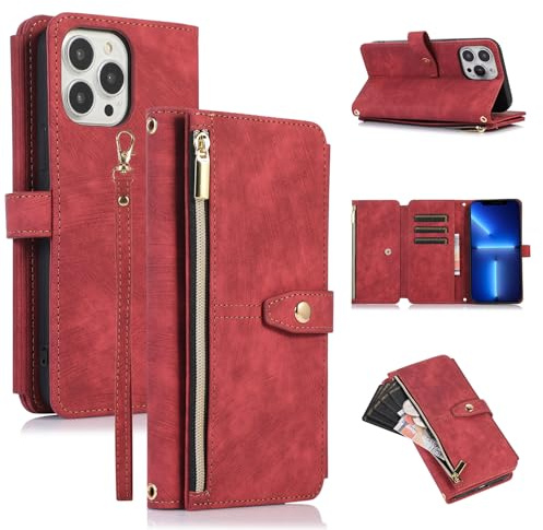 ZCDAYE Wallet Case for iPhone 12, Premium Leather Phone Case Women Ladies Holster with Card Slots Wrist Strap Zipper Flip Phone Cover for iPhone 12 (6.1 inches), Red