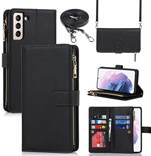 Cavor Coque Compatible avec Samsung Galaxy S21 Plus/S21+ Etui avec Cordon,Flip Portefeuille Pochette Étui en Cuir,[9 Porte Cartes][Longue Cordon][Double Boucle],Collier Housse Etui - Noir