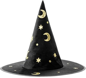 PartyDeco Hexenhut 42x32cm mit Mond und Sterne Muster - Hexen Deko Halloween Kindergeburtstag Hexenhut für Halloween Karneval Geburtstagskostüm Hexe Verkleidung für Mädchen