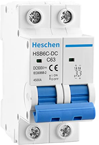 Heschen Interruttore automatico in miniatura CC, HSB6C-DC, 2 poli, DC500V 63A, interruttore fotovoltaico, per sistema solare fotovoltaico pannelli solari a griglia, montaggio su guida DIN da 35 mm