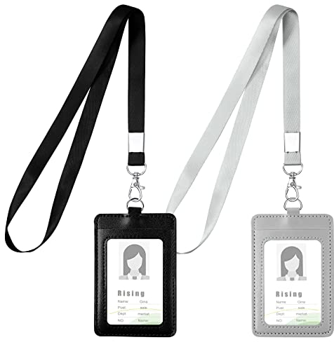 Vicloon Abzeichenhalter Umhängeband mit Kartenhalter, 2 Stücke Leder Ausweishülle mit Band, Kartenhülle Vertikal mit Lanyard, für Business, Ausstellung, Büro, Schule(Schwarz+Grau)