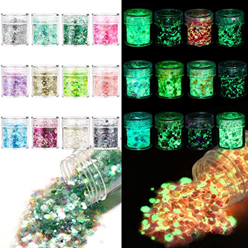 AOOWU Fluorescent Glitter, 12 Farben Glitzer Gesicht Fluorescent Sequin Leuchtendes, Halloween Schminke Make-up Glitzer Haare, Körperglitzer Festival Zubehör für Gesicht Nägel Augen Lippen Körper