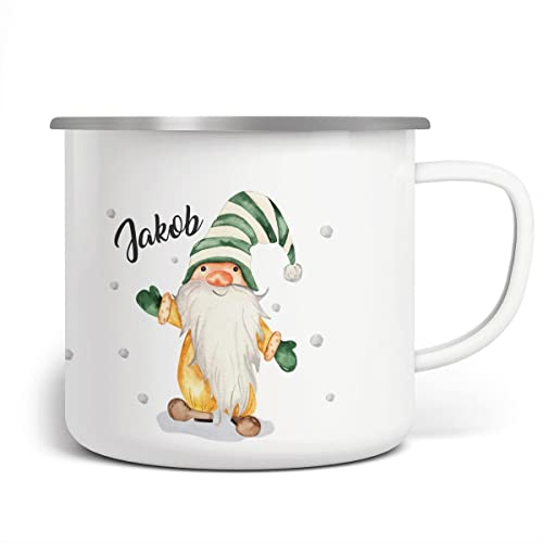 miKalino Emaille Tasse Fröhlicher Wichtel im Winter in grün personalisiert mit Namen | handbedruckt in Deutschland, Farbe:weisssilber, Grösse:300ml