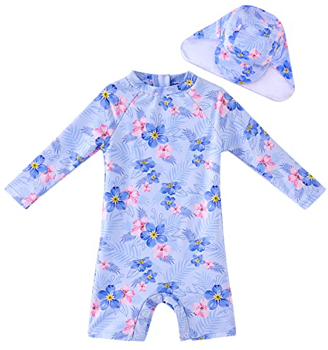 UMELOK Baby Badeanzug mit Sonnenhut UV Schutz Badebekleidung Blumen, lila/rot 6-9 Monate/68-74cm