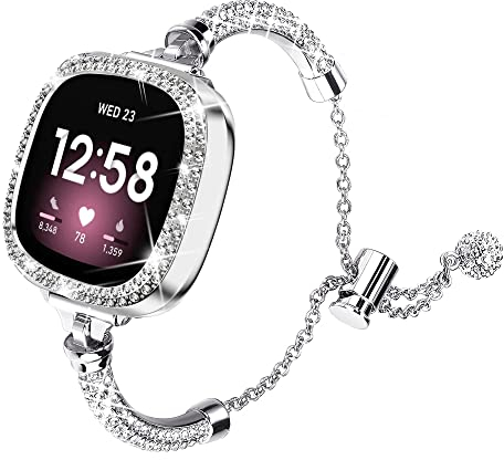 Bling Armband und Hülle kompatibel mit Fitbit Versa 4 / Fitbit Sense 2 für Damen, Metall Edelstahl Armband Ersatz für Fitbit Sense 2 / Versa 4 (Silber)