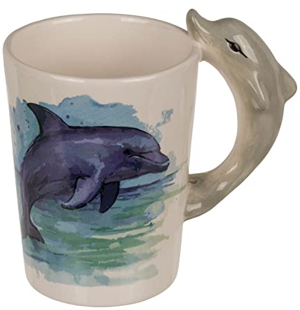 MIJOMA Taza de café, taza de té, taza de cerámica con mango de animales, taza 3D pintada a mano, para amantes de los animales, café, té, cacao, 11 x 8,5 cm, 300 ml (delfin)