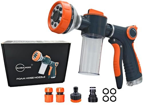 Globalmore Garden Hose Nozzle with 8 Spray Patterns and 100cc Soap Dispenser Bottle - Ideal for Watering Plants, Car Wash, Pet Care, Pup Jet Dog Wash, Showering Pet, Lawn Care and Plants Fertilization