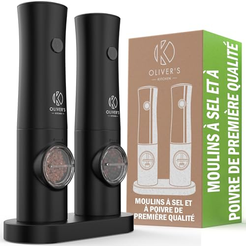 Oliver's Kitchen ® Salero y Pimentero Eléctrico - Molinillo Pimienta Eléctrico y Salero Eléctrico con Base USB-C Recargable - Funciona con 1 Toque - Molienda Ajustable - Molinillo Eléctrico Luz LED