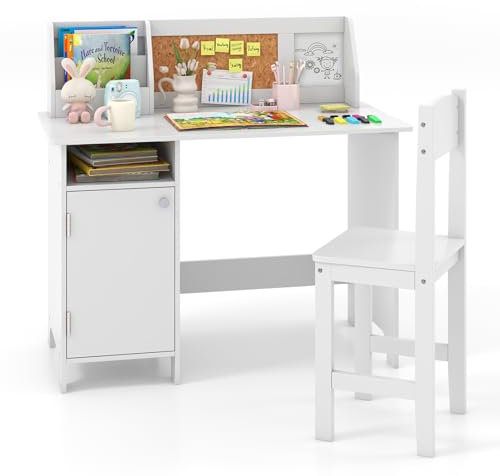 GOPLUS Bureau Enfant avec Chaise Ergonomique, Table d’Étude avec Tableau Blanc, Pieds en Bois, Étagère, Placard, Table Blanche pour Enfants 3+ Ans pour Maison, École, Charge 90/50KG