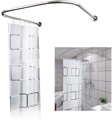 Dehnbar Edelstahl U-Form Duschstange Ohne Bohren Duschvorhangstange Badewanne Bogenstange mit Duschvorhang für Badezimmer, Bekleidungsgeschäft, Privatraum