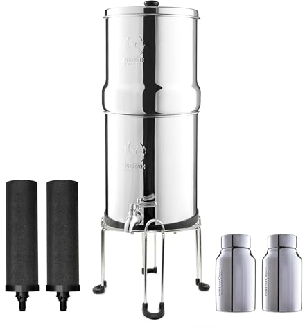 Phoenix Gravity - Système de filtration d'eau par gravité AISI 304 de 8 litres avec 2 éléments Smart Carbon, 2 éléments d'élimination du fluorure, support et robinet en acier inoxydable gratuits