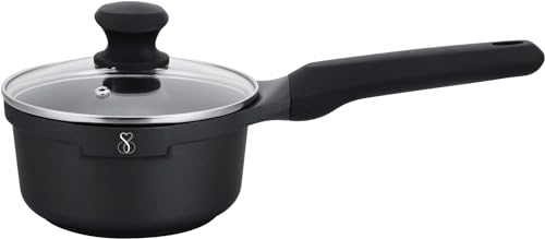 Cazo Cacerola mango ergonómico extraíble Apto Inducción acero & aluminio antiadherente Alemán Greblon C3+ inducción y horno Libre de PFOA + tapa de cristal (16CM)