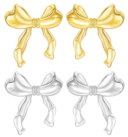 Schleifen Ohrringe Damen, Gold Silber Bow Earrings Chunky Ohrringe Gold, Hypoallergene Bow Ohrringe Ribbon Earrings Gold, Muttertag Geburtstags Schleifen Schmuck Dupes Ohrringe Geschenke für Frauen