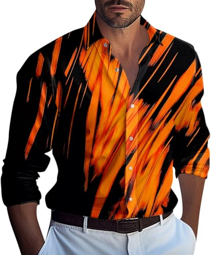 RMBLYfeiye Schwarzes Hemd Herren Tshirt T Shirt Bedrucken Revers Neon Druck Strandhemd Langarm Knopfleiste Bequem Bügelfrei Yoga