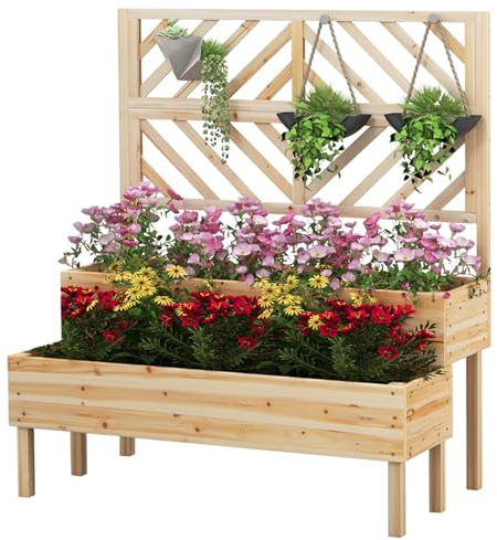 HOMASIS Macetero con rejilla de madera para exterior, jardinera con enrejado de 2 estantes, jardinera vertical elevada para plantas trepadoras de abeto con agujeros de drenaje, 109x62x135 cm (Natural)