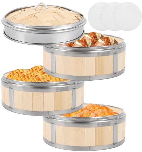 Oungy Steamer in bambù a 3 ripiani, diametro 20 cm, con coperchio e 3 cesti per vapore, in bambù, per gnocchi, riso, dim sum, verdure, carne