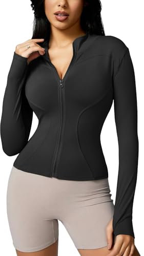 Memoryee Gym Top Women Long Sleeve T Shirts Running Yoga Workout Sports Activewear Clothes Crop Tops Ladies Zip Up Slim Fit Jacket with Thumb Holes B-Black1 S