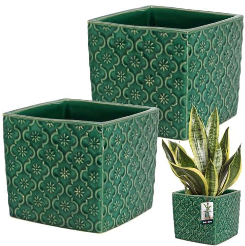 KOTARBAU® Maceta de cerámica cuadrada, vintage, color turquesa, 13 x 13 cm, altura: 13 cm, cerámica esmaltada, 2 unidades, maceta cuadrada, maceta interior, macetero