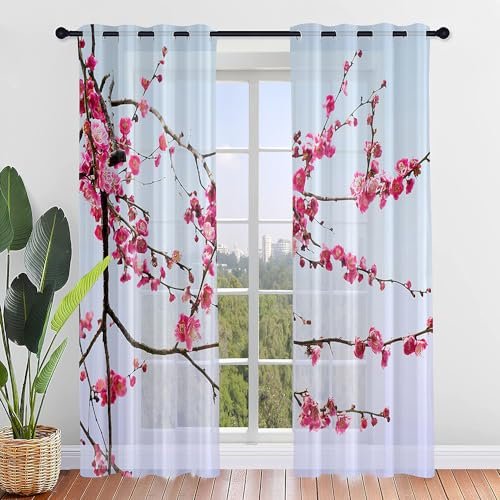 Hiseng Rideaux Voilage à Oeillets, Semi-Transparent en Effet Voile Décoration de Fenêtre Salle de Bain Balcon Chambre Salon Cuisine,Style Chinois Tulle 2 Panneaux (107x160cm,Fleur de Prunier)