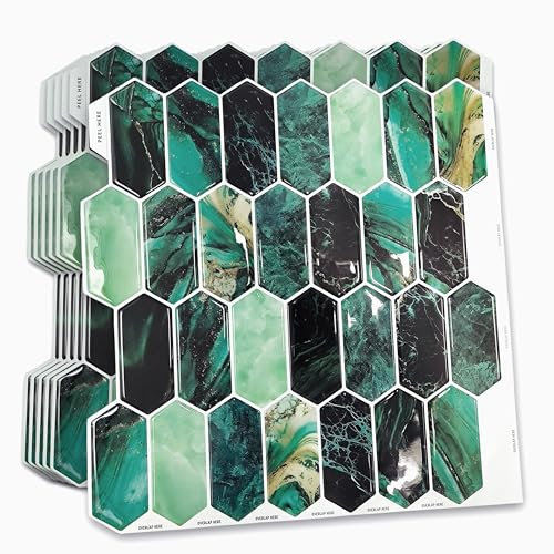 WALPLUS 6 Pcs 3D Fliesenaufkleber 30.5x30.5cm Mosaikfliesen Selbstklebend Glänzende Klebefliesen Küche Wasserfeste Fliesenaufkleber Bad Epoxidharz Finish Klebefliesen Grün Metro für Bad und Küche