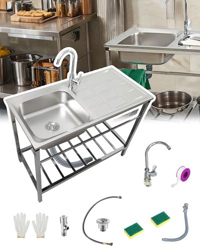 Fregadero Industrial Acero Inoxidable Con Banco De Trabajo Y Estantes Fregadero Independiente Con Soporte Fregadero Cocina 1 Senos Con Grifo Y Cepillo Esponja Fregadero Exterior Jardin Para Lavandería
