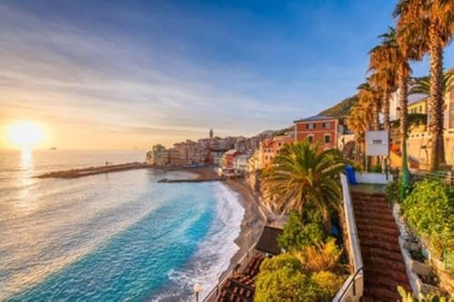 adrium Holz-Bild 110 x 70 cm: Maa Beach in Bogliasco, Genua, Italien Skyline am Mittelmeer bei Sonnenuntergang. (191096958)