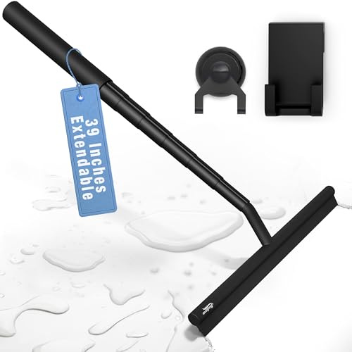 BADIONA Telescopic Shower Squeegee Black - With Suction Hook & up to 100 cm I Shower squeegee for glass doors Cleaner squiggy for tile and walls Bathroom squeeze for door Long handle sweep & squeegees