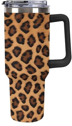 Quteprint 40oz Insulated Stainless Steel Tumbler with Handle, Abstract Brown Leopard Print Leakproof Water Bottles Travel Mug with Lid And Straw for Water, Iced Tea Or Coffee for Most Car Cup Holder