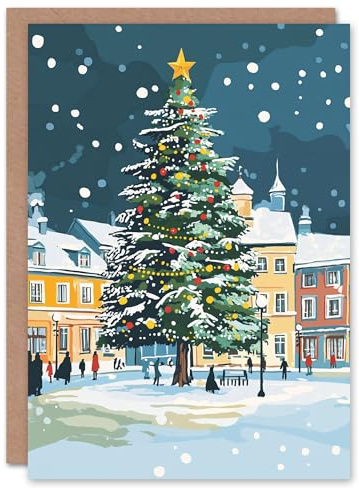 Artery8 Decorated Tree Town Square Winter Snow Blank For Him Or Her Art Xmas Festive Christmas Card