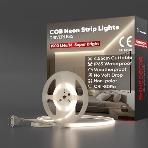 Shine Decor COB LED Streifen 1m, AC 220V 230V IP65 Wasserdicht LED Band, SMD2025 286 leds/m Ultrahohe Helligkeit Lichtleiste für Home Decoration Küche Garten LED Beleuchtung (1M, Neutralweiß)