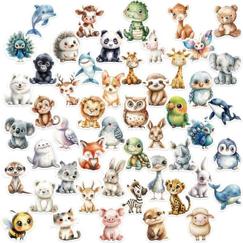 50 Stück Tiere Sticker Set, Vinyl Stickers mit Niedlichen Aquarellen Tiere Motiven, Wasserfeste Vinyl Stickers für DIY Dekoration, Wasserfeste Aufkleber für Laptop, Telefon, Wasserflasche