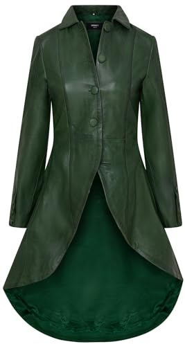 Womens Gothic Green Full Length Leather Coat Victorian Flare Goth Punk