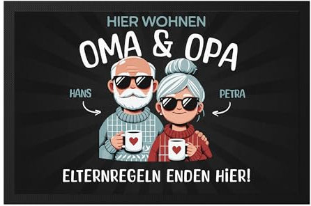 Kiddle-Design Oma & Opa Fussmatte Großeltern | Fussmatte personalisiert für Oma Opa witziges Geschenk Geburtstags | Hier wohnen Oma und Opa, 60x40 cm
