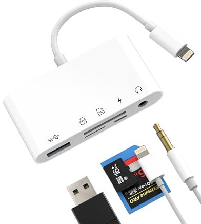 Adattatore Lightning a USB Lettore di Schede SD Jack 3.5mm Cuffie (5in1)per iPad Micro SD TF Lettore di Schede per iPhone 14 per Apple Fotocamera OTG 3.0 Cavo AUX Audio Caricabatterie Connettore Stick