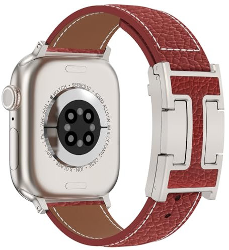 CHANCHY Bracelet en cuir pour Apple Watch 46 mm, 45 mm, 44 mm, 42 mm (Series 3), bracelet de rechange en cuir véritable pour Apple Watch Series 10, 9, 8, 7, 6, 5, 4, 3, 2, 1 et iWatch SE, rouge
