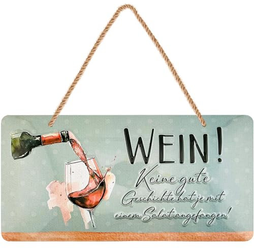 LANOLU Retro Blechschilder Sprüche lustig - WEIN! Keine gute Geschichte hat je mit einem Salat angefangen! - Vintage Metallschild mit Spruch - Küchenbild und Shabby Chic Wanddeko Küche 16x32cm