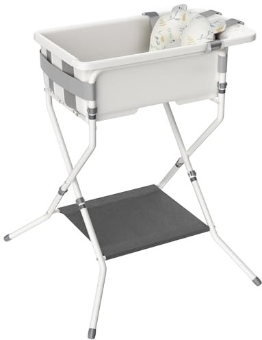 iNeibo Baignoire Pliable Bébé avec Support Baignoire Bebe sur Pied Ergonomique avec Coussin, Tuyau de Vidange & Siège Confort avec Support Baignoire Bébé 0–36 Mois Benoire pour Bébé Gris