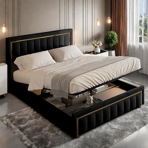 Poeahu Polsterbett 160x200 Doppelbett mit Stauraum,Bett mit Lattenrost und Hydraulisch Stauraumbett Rückenlehne Bettgestel Jugendbett, Eleganten goldenen Akzenten, Samt, Schwarz